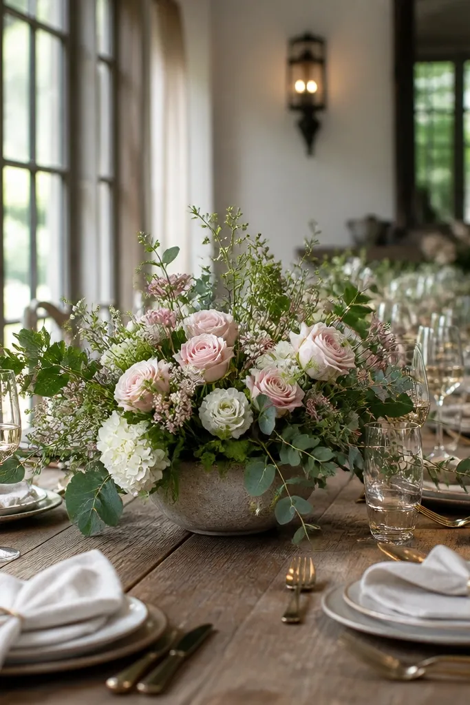 Narrow tall vase placed on a wide table runner