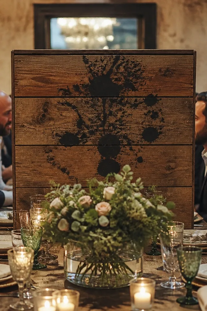 Large rustic sign leaning over a dining table