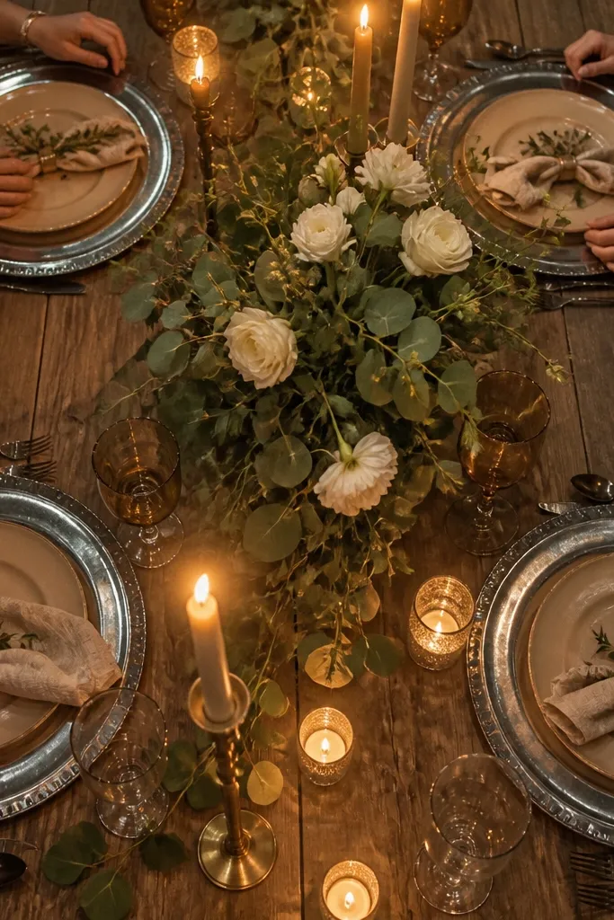 Gold chargers under cool-toned plates