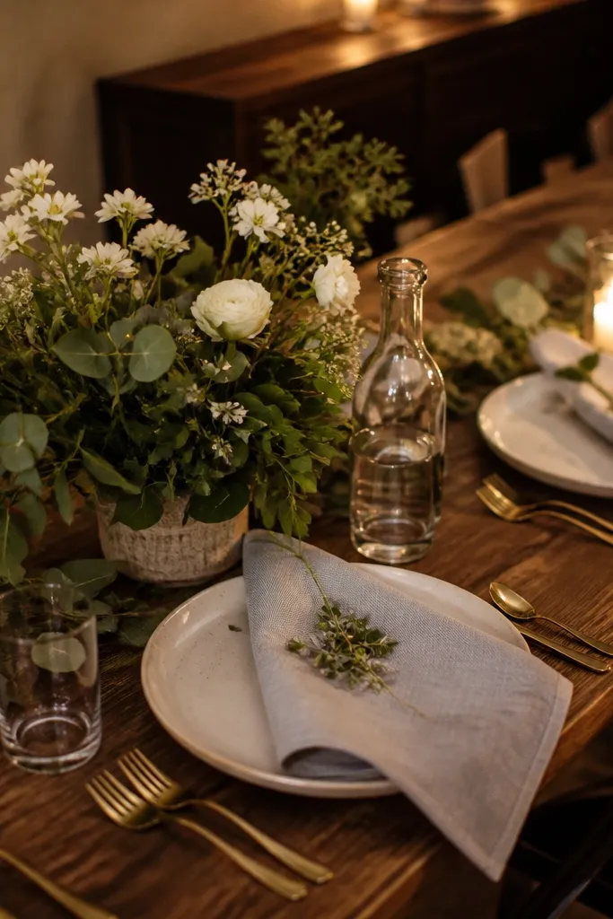 Gray napkins with warm brown centerpieces