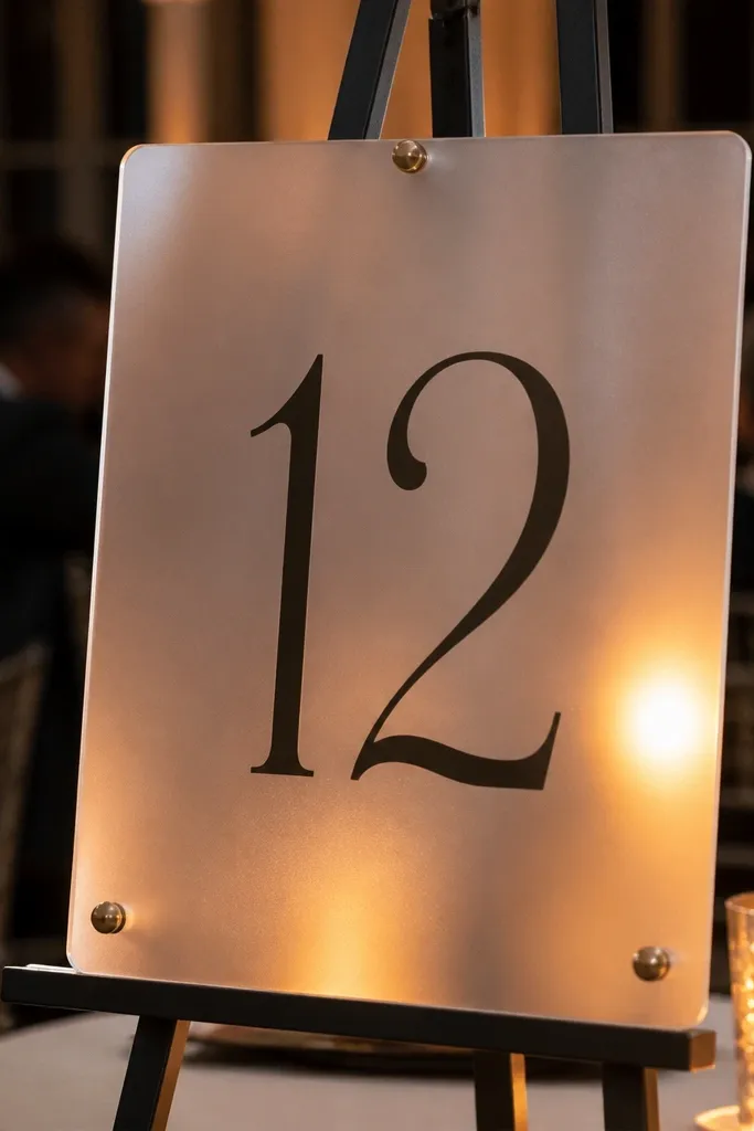 Frosted acrylic seating chart with large dark table numbers and name lists