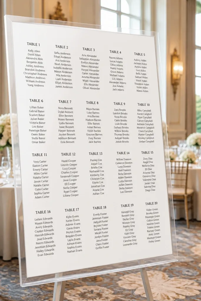 Clear acrylic seating chart backed with white panel and bold black text