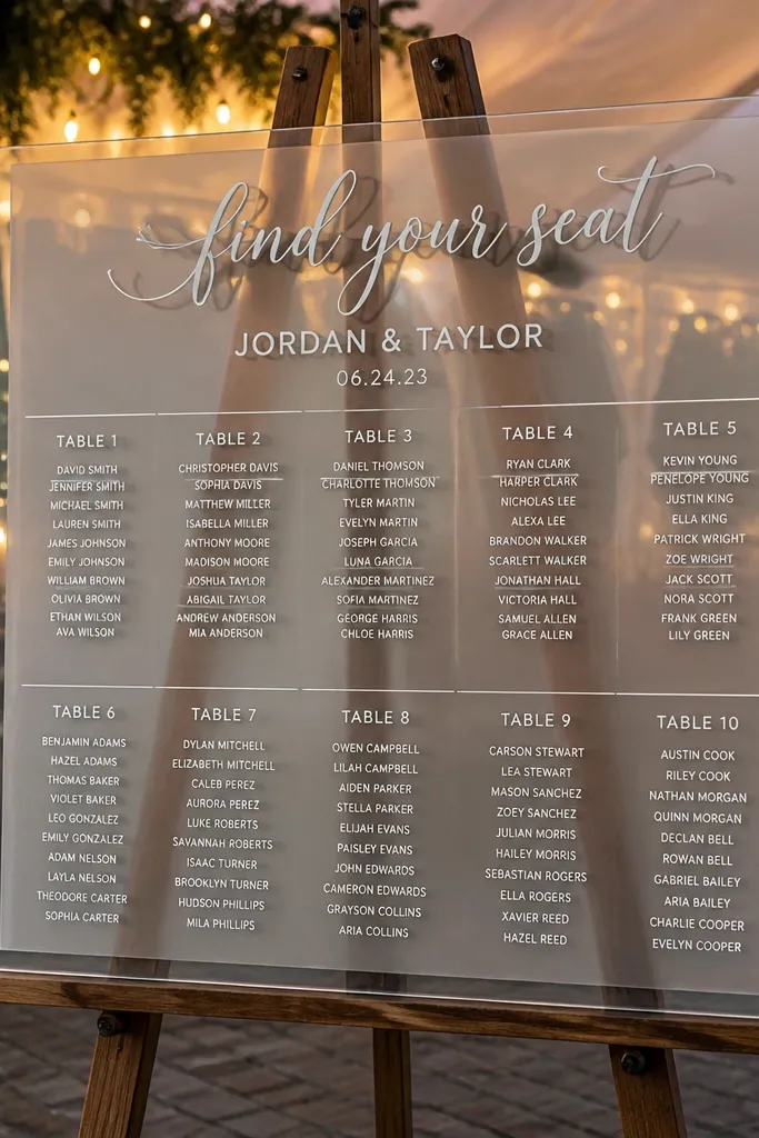 Layered acrylic sign with a script title and sans-serif name lists