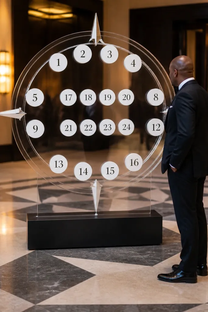 Acrylic seating chart split into numbered sections like a compass
