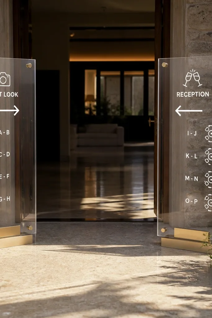 Two separate acrylic seating charts, one for ceremony area and one for reception tables