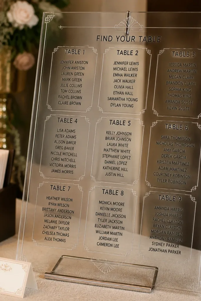 Clear acrylic sign with etched outlines around sections and dark text inside