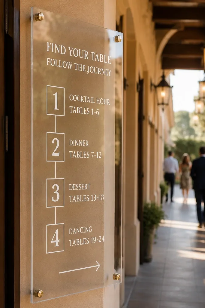 Acrylic seating chart arranged like a timeline with table numbers in order