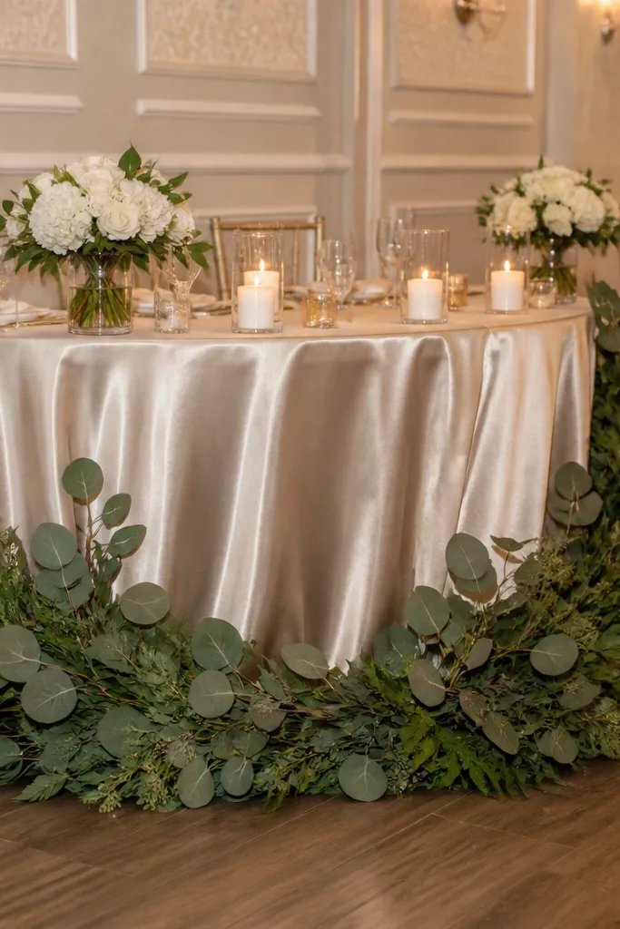 Half-moon table with low greenery border and a smooth satin runner
