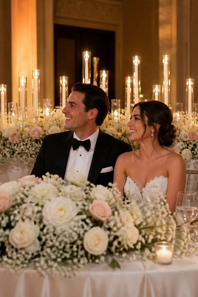 Half-moon table with taper candles arranged in a curved line and small flowers