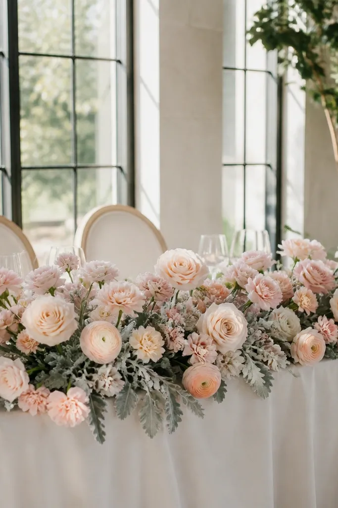 Blush half-moon sweetheart table with monochrome flowers in different textures