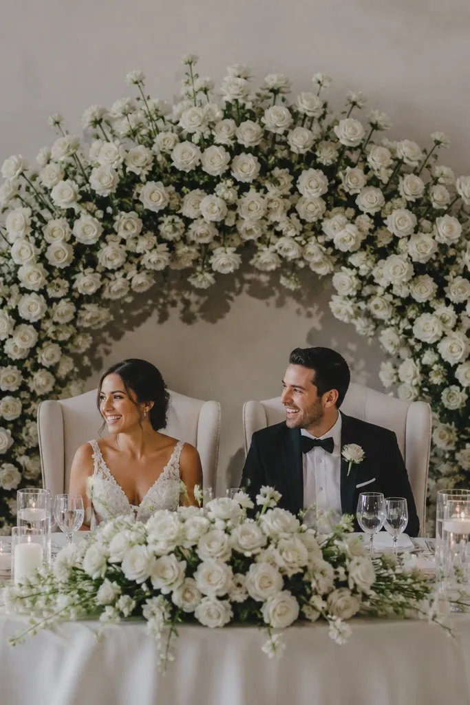 Sweetheart table with a low white rose dome centered behind the couple