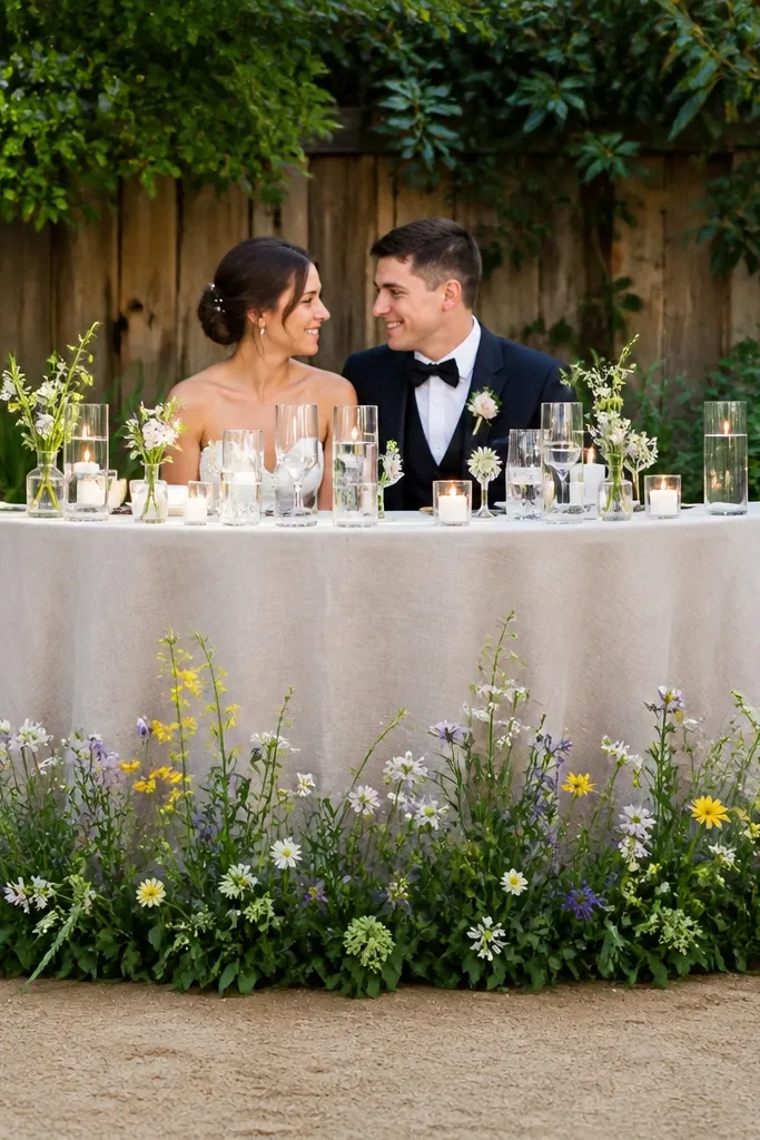 Half-moon sweetheart table with a low wildflower garland along the curve