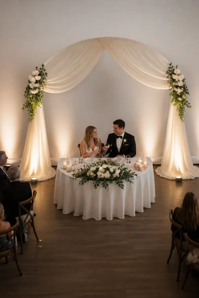 Half-moon sweetheart table with a centered arch and soft draped fabric