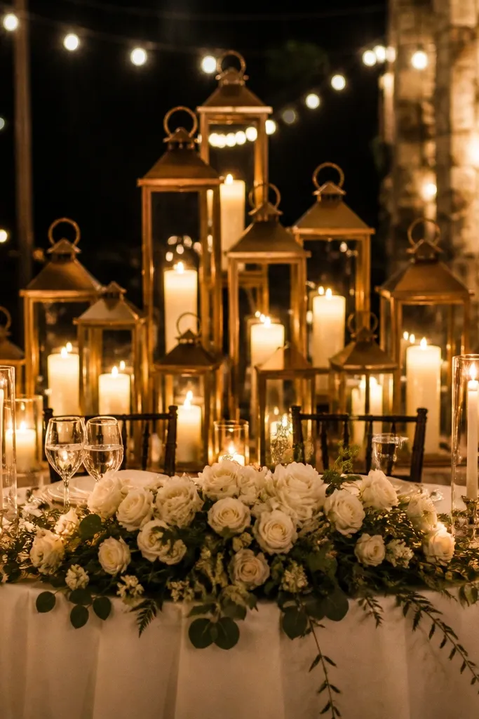 Half-moon sweetheart table with clustered lanterns and glass candleholders