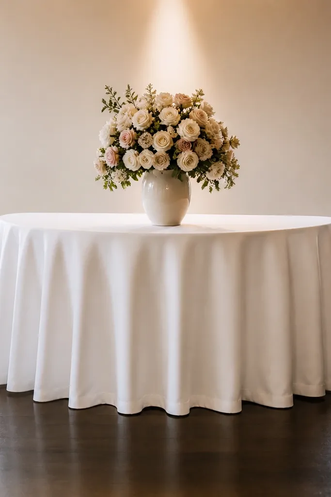 Minimal half-moon sweetheart table with clean linen and one large centerpiece
