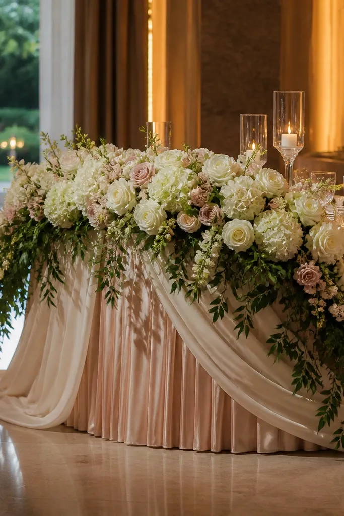 Half-moon sweetheart table with cascading floral from the center toward the ends