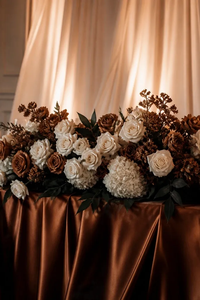 Half-moon sweetheart table with cream flowers and a chocolate brown accent runner
