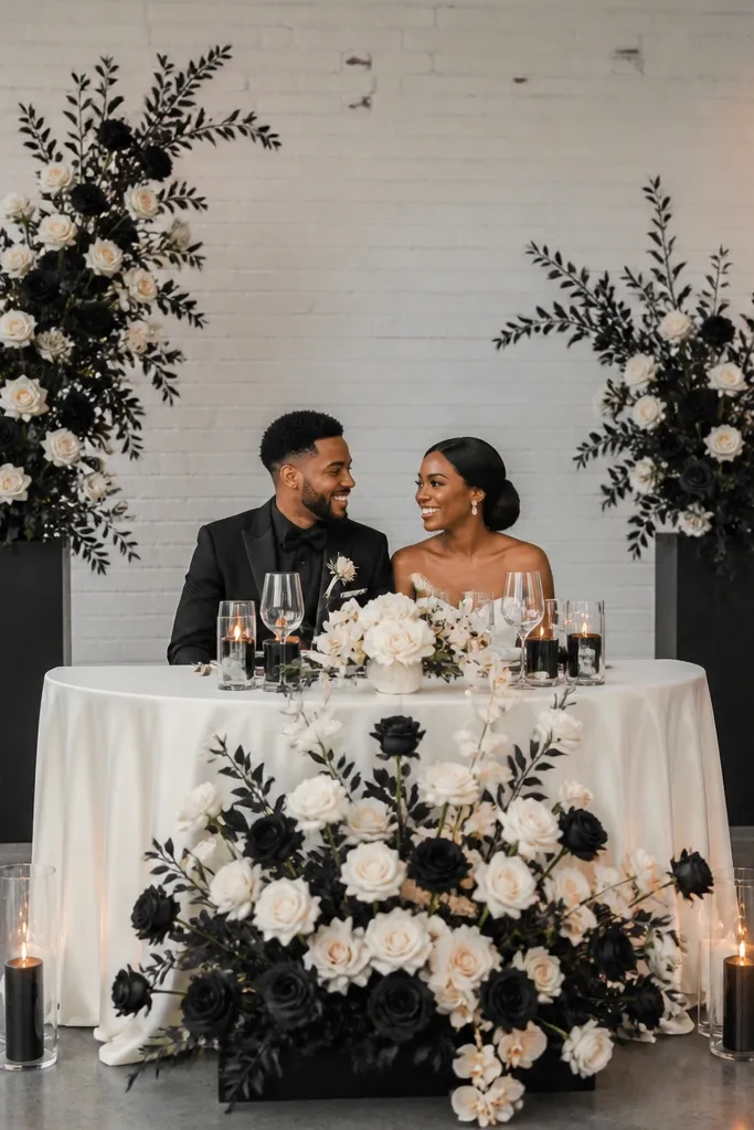 Half-moon sweetheart table with black accents, cream flowers, and geometric vases
