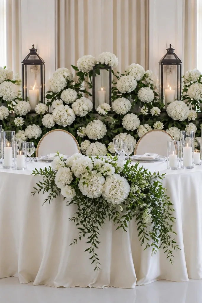 Half-moon sweetheart table with white hydrangea and lantern candles in back