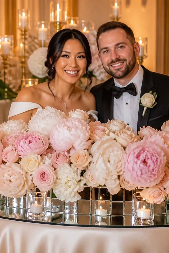 Half-moon sweetheart table with blush peonies and a mirrored tray centerpiece