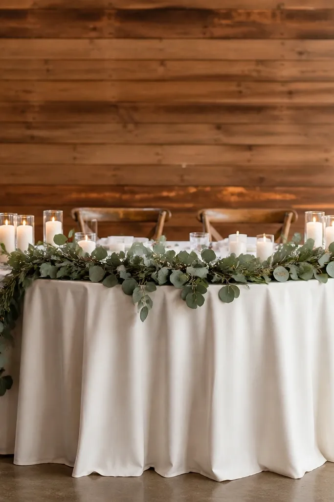 Half-moon sweetheart table with sage eucalyptus garland and neutral pillar candles