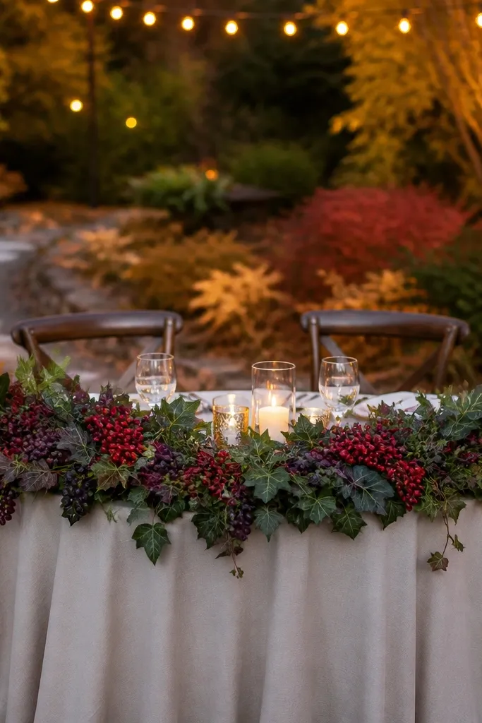 Half-moon sweetheart table with ivy leaves and small berry accents along the curve