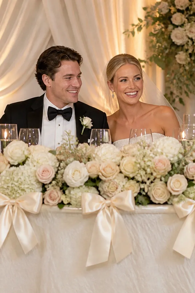 Half-moon sweetheart table with low flowers and cream satin bow accents