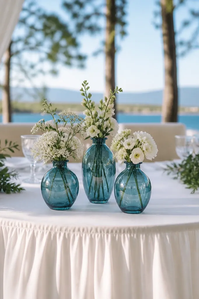 Half-moon sweetheart table with teal glass vases and soft greenery framing