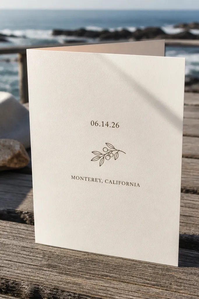 Small floral icon between the date and location with lots of whitespace