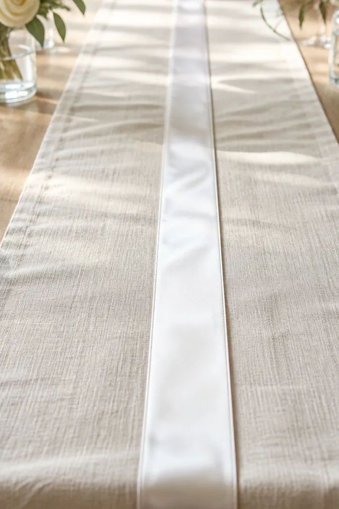 White linen table runner with a thin gold satin ribbon across the center