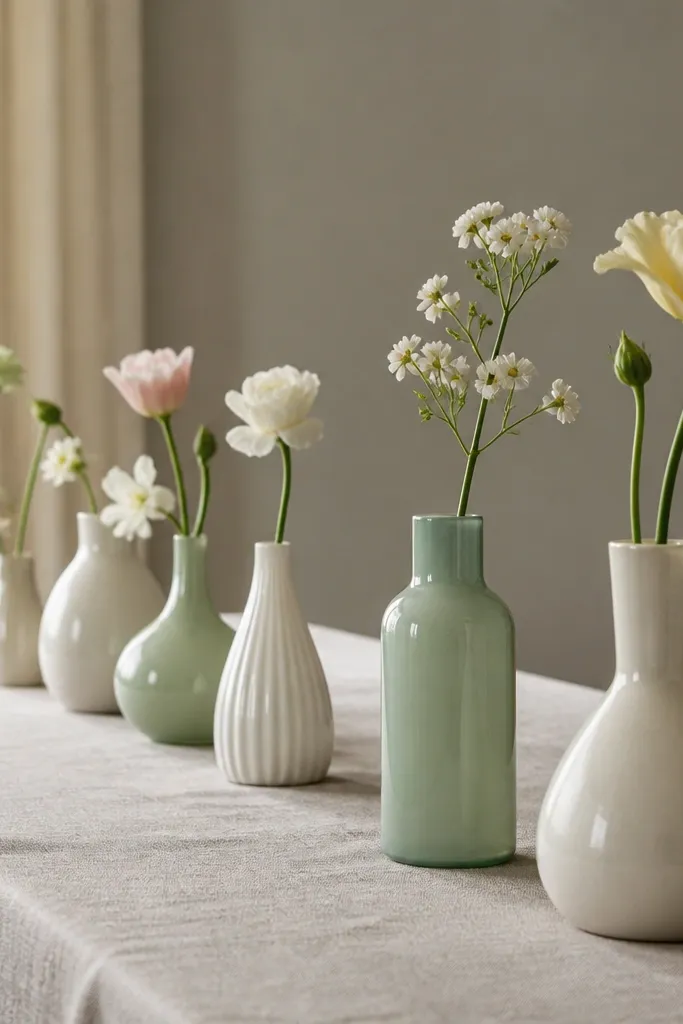 Row of small bud vases in off-white and cream with varying heights