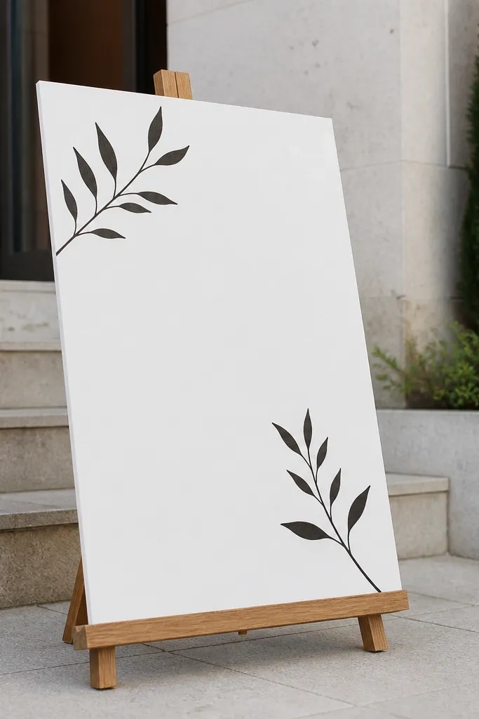 White foam board welcome sign with dark vinyl letters on a stand