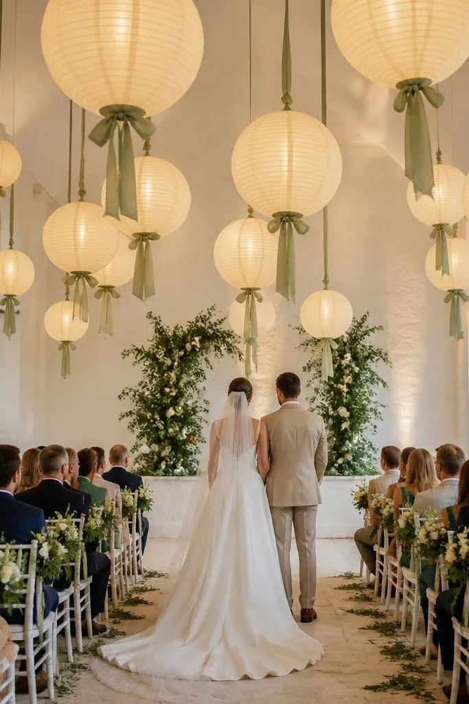 Soft cream paper lanterns hanging from a ceiling with thin ribbon ties