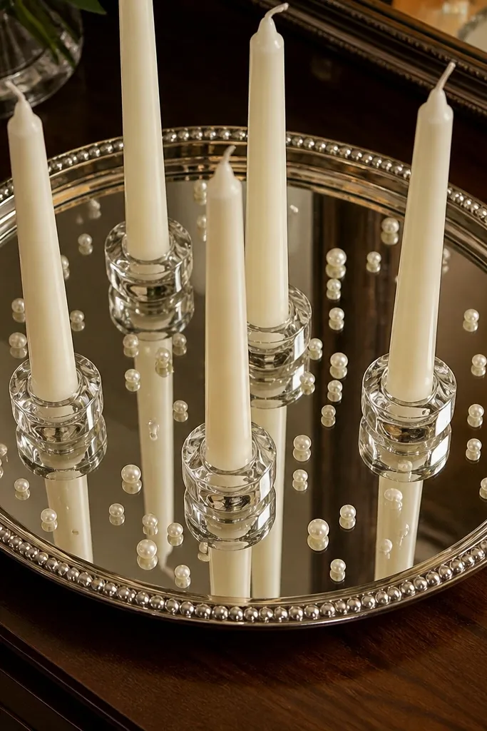 Silver mirrored tray with white taper candles and small pearl beads