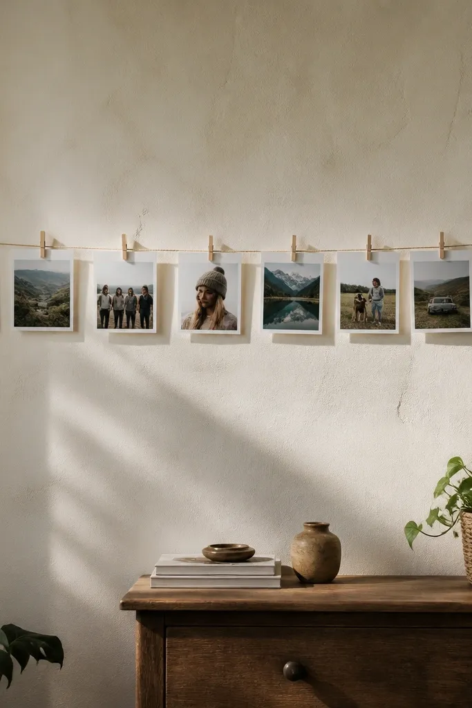 Clothespins holding small photos on a linen string line against a neutral wall