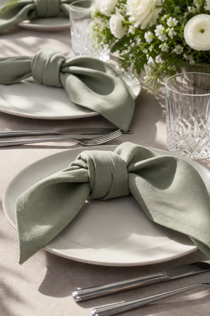 Folded color napkins in cream with a single knot at the center of each place setting