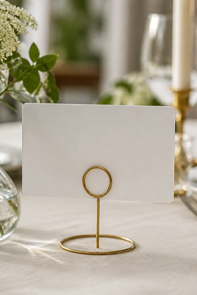 Matte acrylic place cards on thin gold wire stands in front of folded napkins