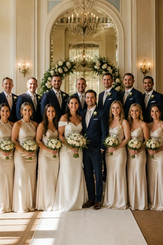 Wedding party arranged in two rows with tallest in back