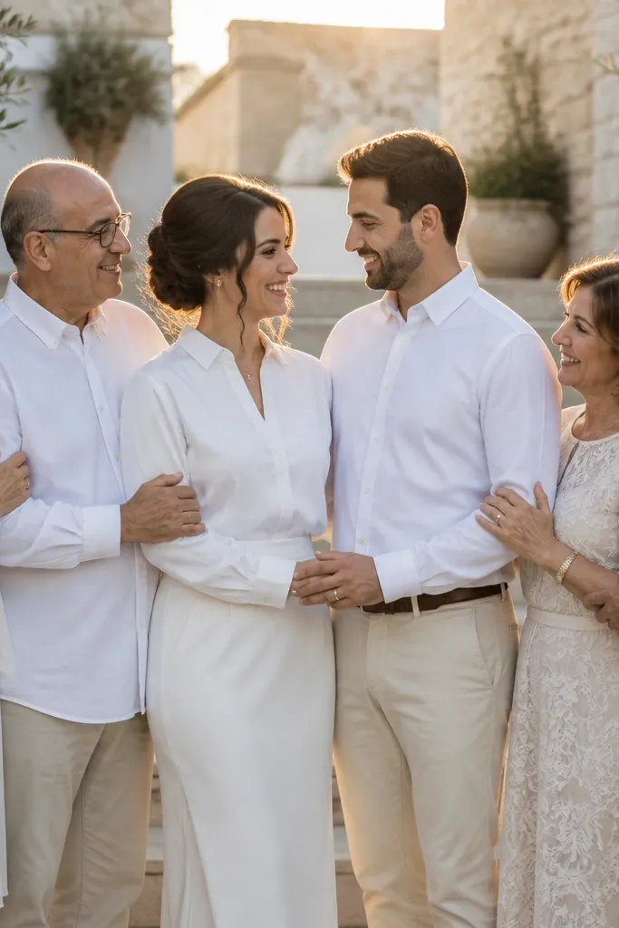 Couple standing with parent pairs in a compact semicircle