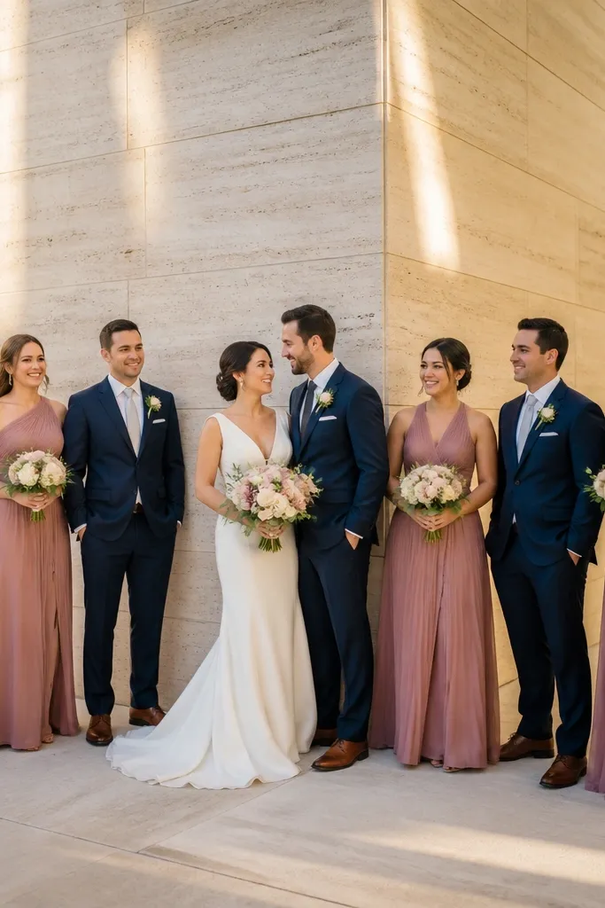 Couple and wedding party posed in an L shape with clear gaps