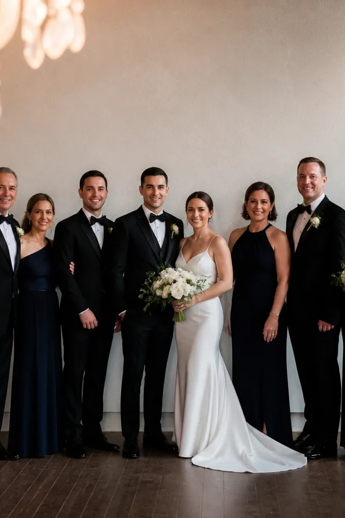 Group standing near a reception wall with clean background separation