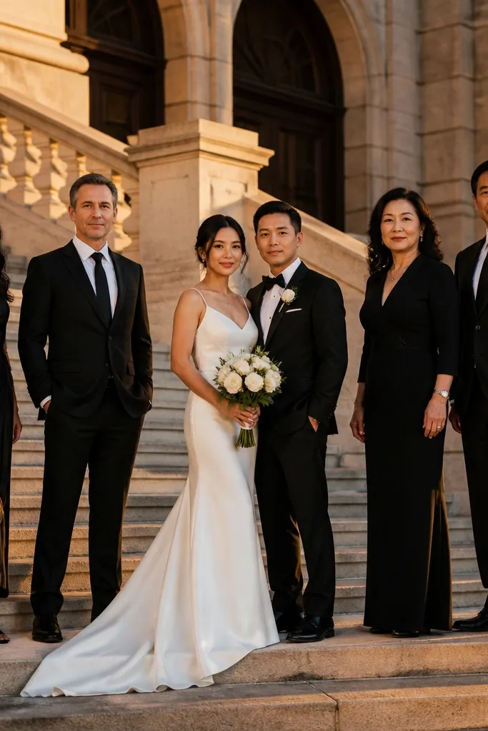 Couple and group posed on stairs with upright posture