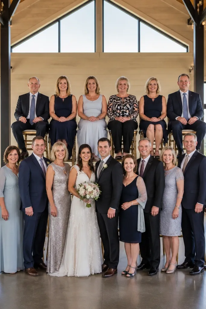 Family posed with some seated and some standing in a tiered arrangement