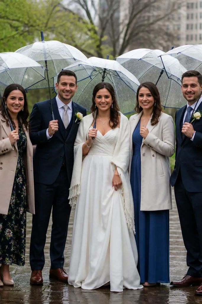 Group holding umbrellas under soft rain with clear spacing