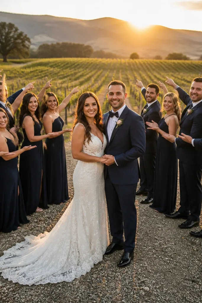 Couple centered with wedding party posed with guided hand positions
