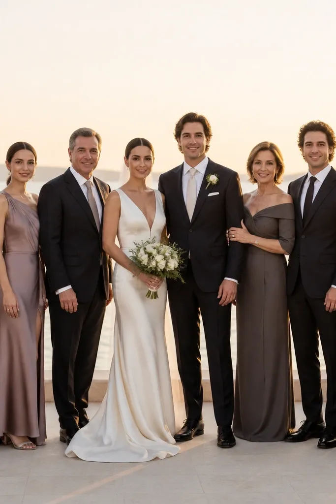 Couple with one family group separated from a busy background