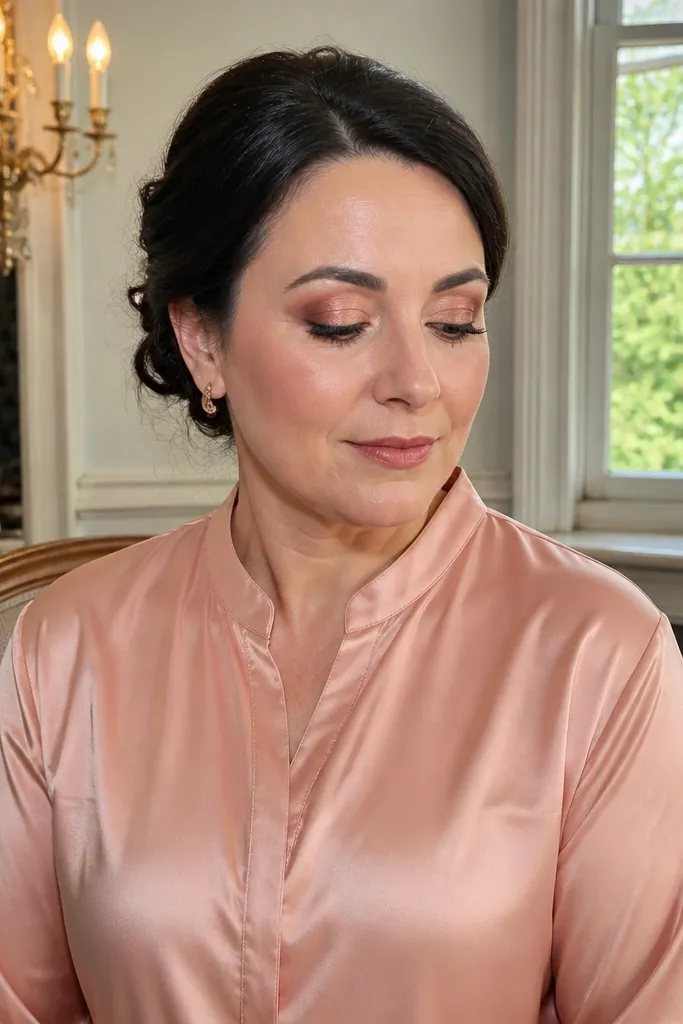 Peach shimmer lid with rose-brown outer corner smoke and soft brown liner