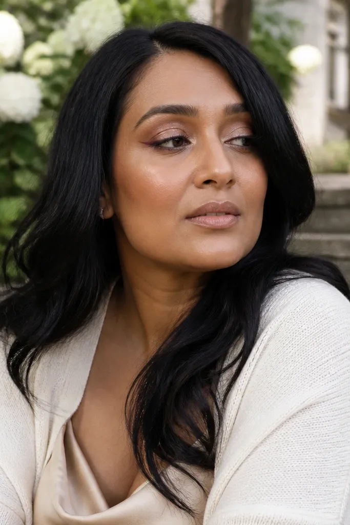 Neutral shimmer lid with a soft mauve wing and defined lashes