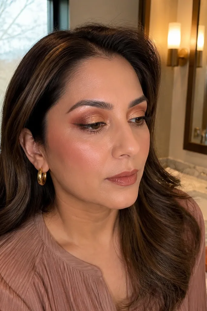 Golden copper cut crease with a soft blush wing and brown lash line
