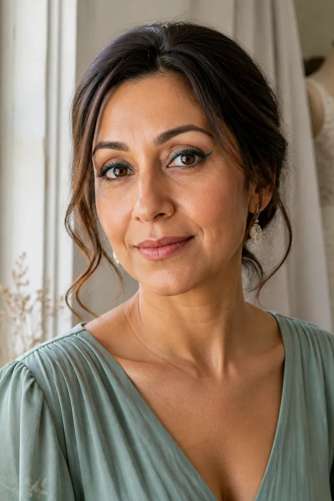 Warm champagne lid with a teal-tinted liner and brown lash definition